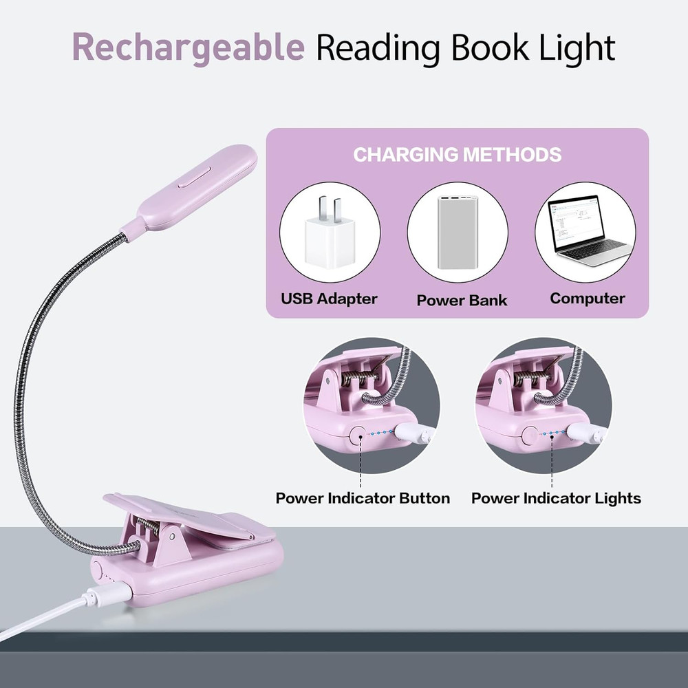 Rechargeable Book Light, Blue Light Blocking, Amber 1600K Clip on Reading Light,