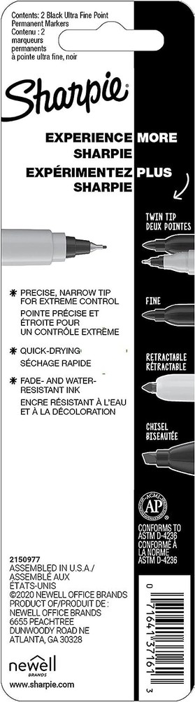 SHARPIE 37161PP Permanent Markers, Ultra Fine Point, Black, 2 Count