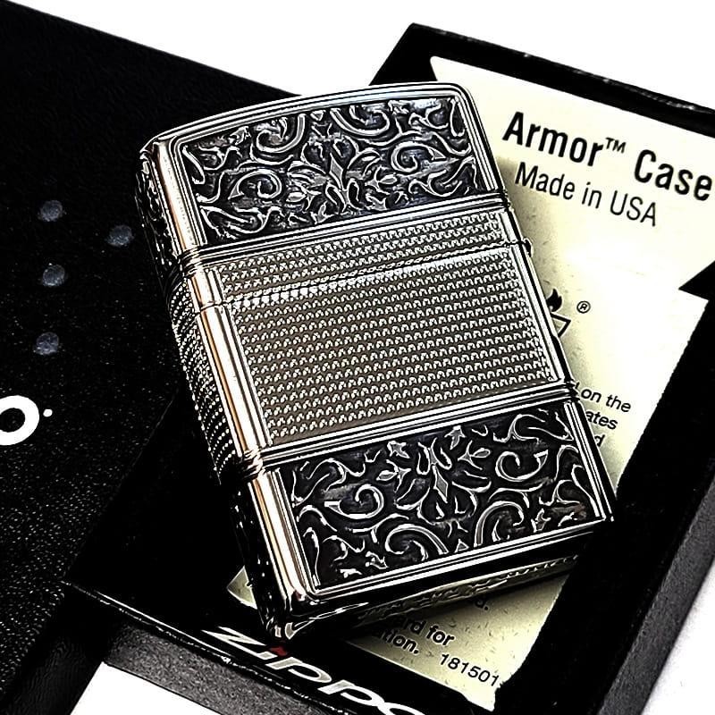 Zippo Armor Case Arabesque Antique Silver Etching 4 Sided Processing Lighter