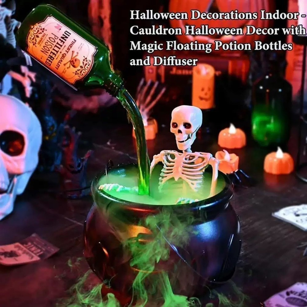 Cauldron Halloween Decor with Magic Floating Potion Bottles Diffuser Mist Maker