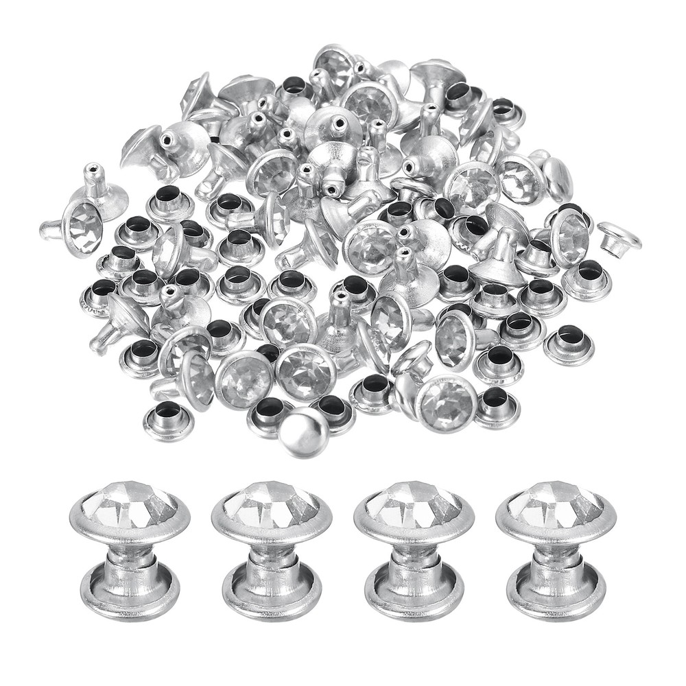 60 Sets Rhinestone Rivets, 7mm Crystal Rivets Leather Rivets, Silver Clear