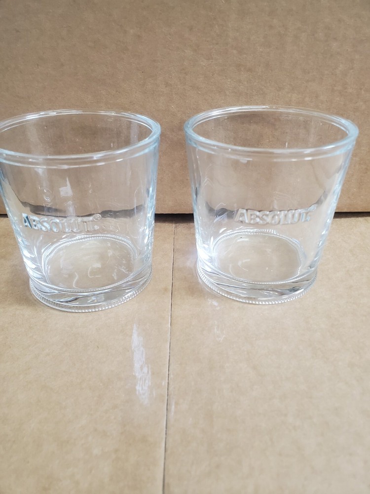 Two (2) Absolute Vodka Rocks Embossed Glasses  Used