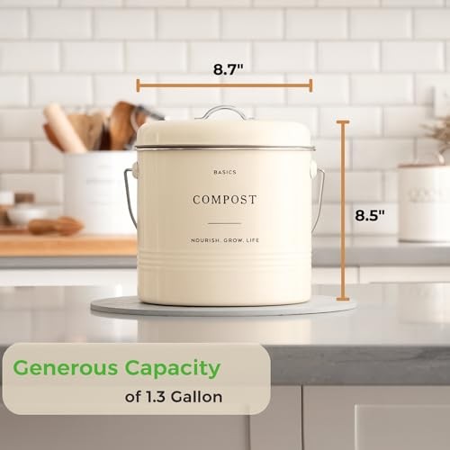 Kitchen Compost Bin – 1.3 Gallon Countertop Farmhouse Compost Container Cream