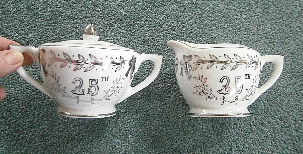 Lefton Creamer & Lidded Sugar 25th Anniversary Hand Painted