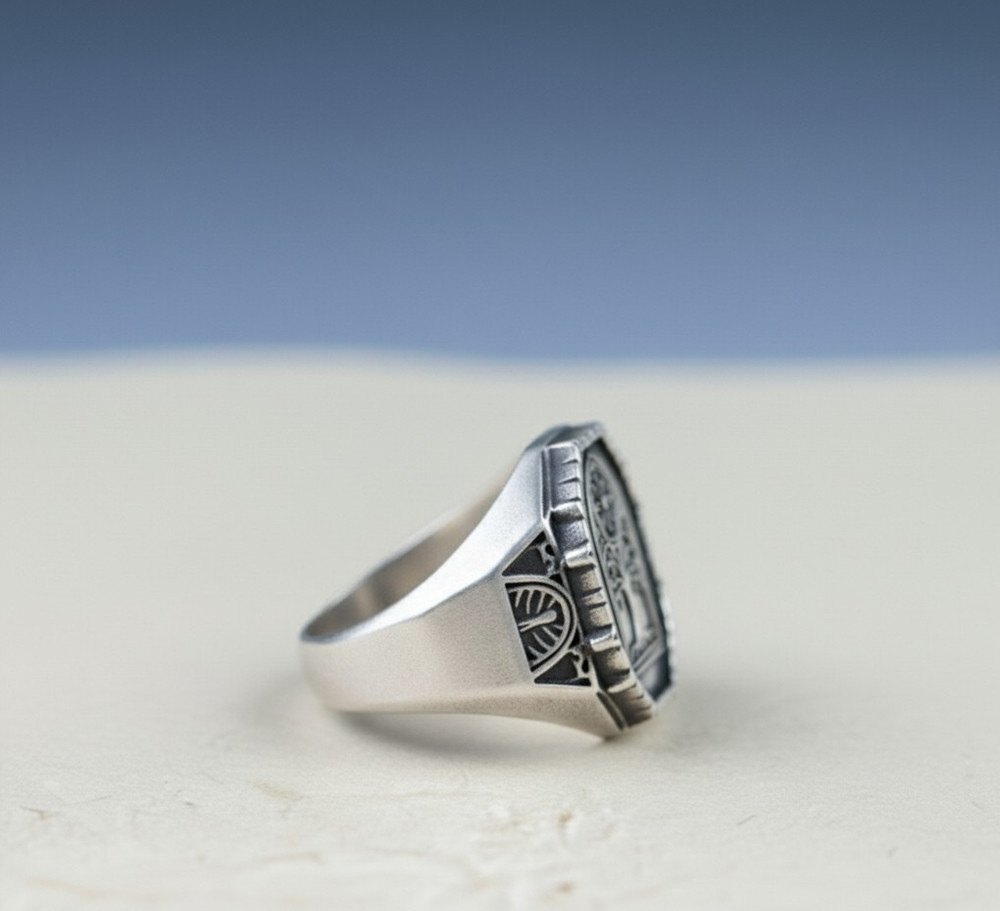 Bold 925 Sterling Silver Hexagon Ring with Intricate Sunburst Mandala Pattern
