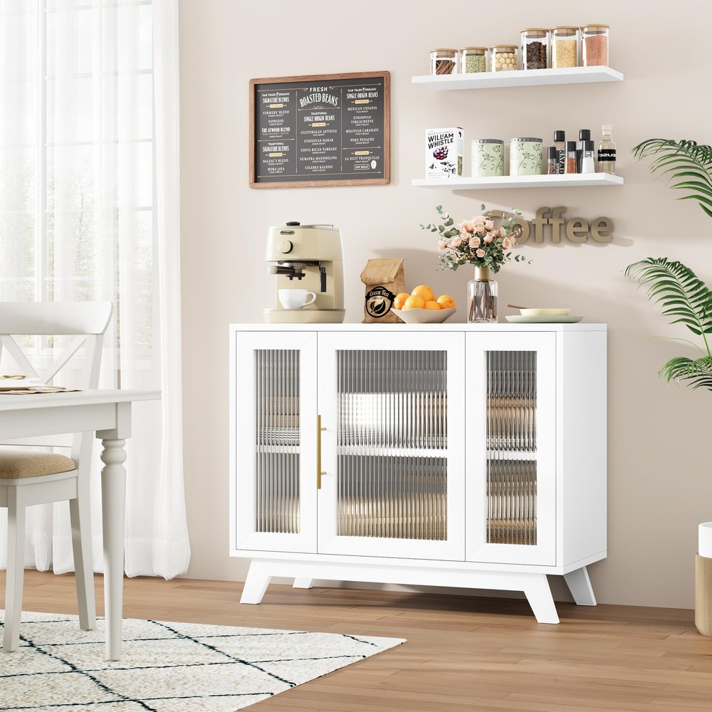 36 Inch Buffet Cabinet Storage Modern Glass Doors White