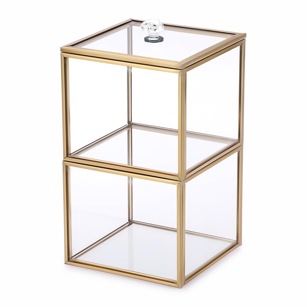 Hipiwe Glass Qtip Holder Dispenser with Lid 2-Tier Stackable Bathroom Gold