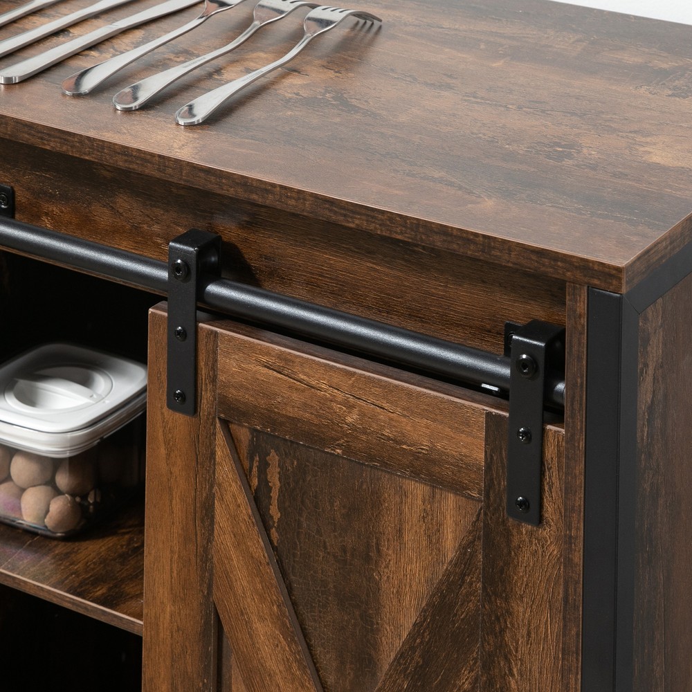 Industrial Kitchen Sideboard, Buffet Cabinet w/ Sliding Barn Doors, Rustic Brown
