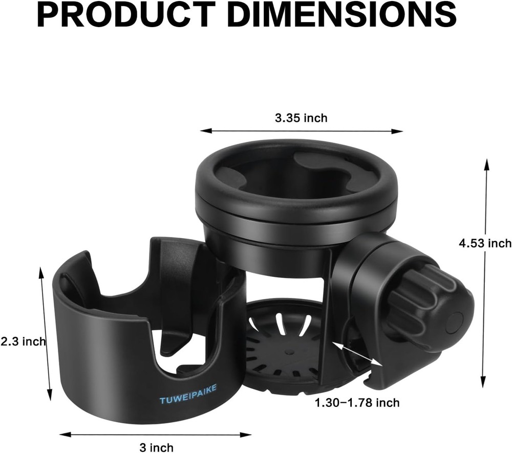 Universal Stroller Cup Holder, 360° Rotation with Mega Strength Adjustable Clamp