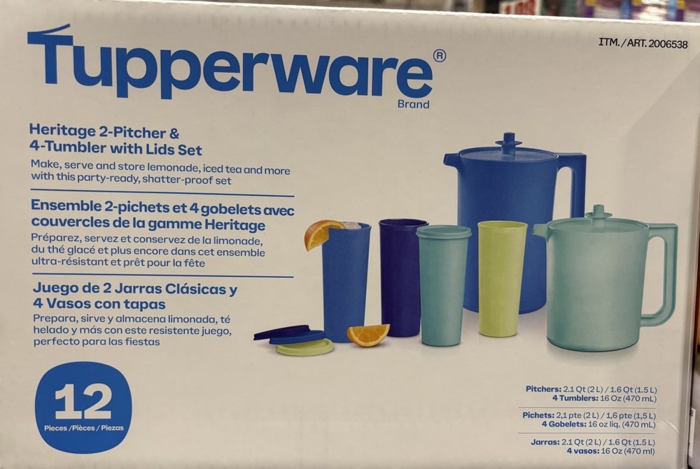 Tupperware Heritage 2 Pitcher & 4 Tumbler Set With Lids Blue
