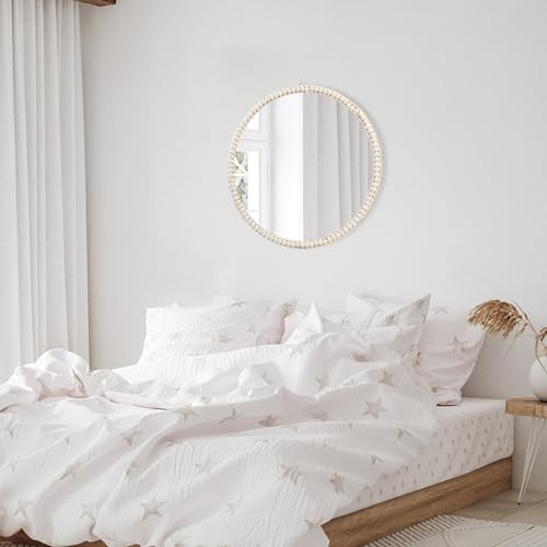 20 Inch Boho Beaded Round Mirror Wall Decor, Decorative Hanging Circle