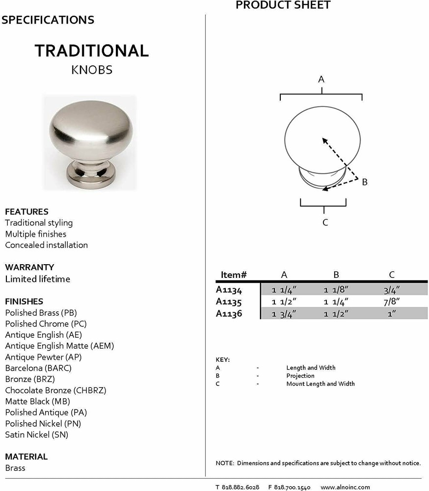 A1134-PC Traditional Knobs, Polished Chrome, 1-1/4"