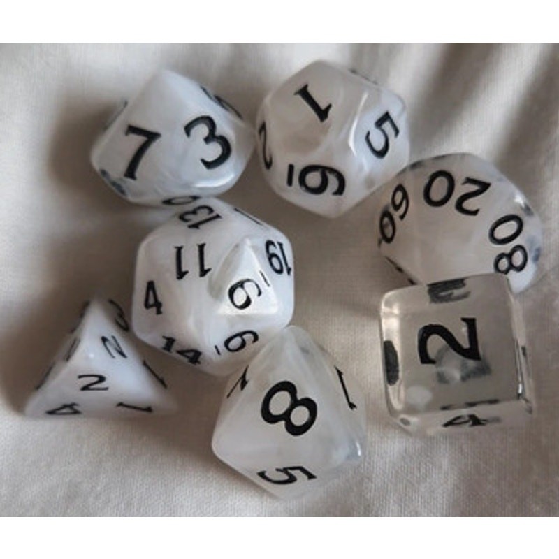 White and clear marble effect D&D dice set