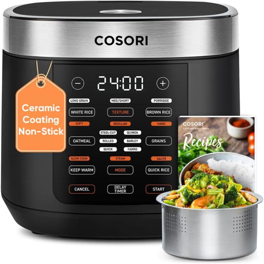 10-Cup Rice Cooker Non-Stick Ceramic 18-Function Fuzzy Logic with Steamer