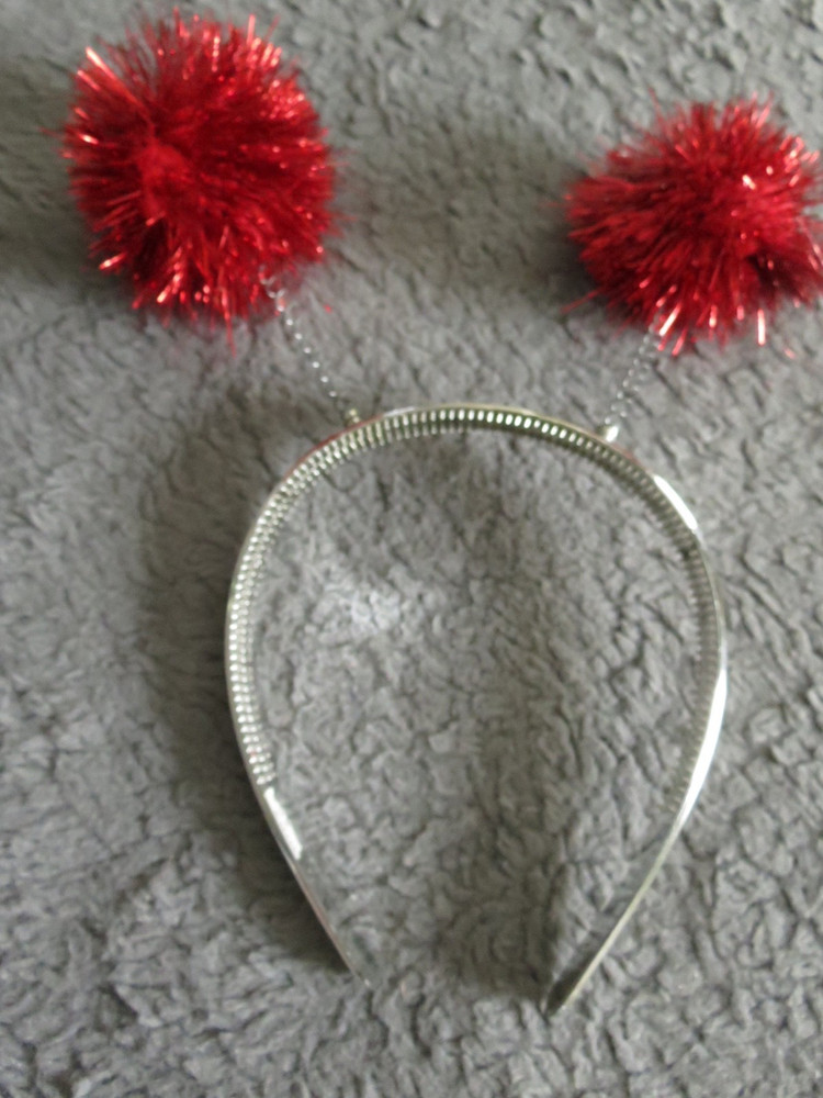 NEW SHINY SILVER HEADBAND WITH RED TINSEL BALLS