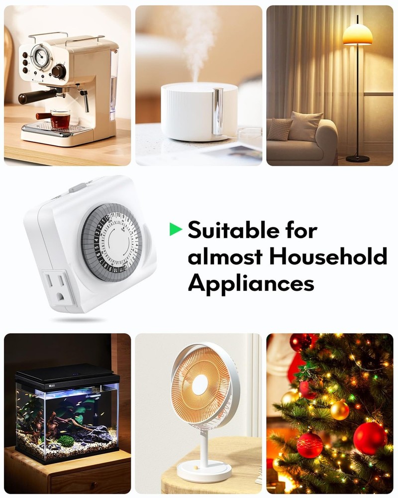 Outlet Timer, 24-Hour Plug-in Mechanical Timer, 2 Grounded Electrical Light T...