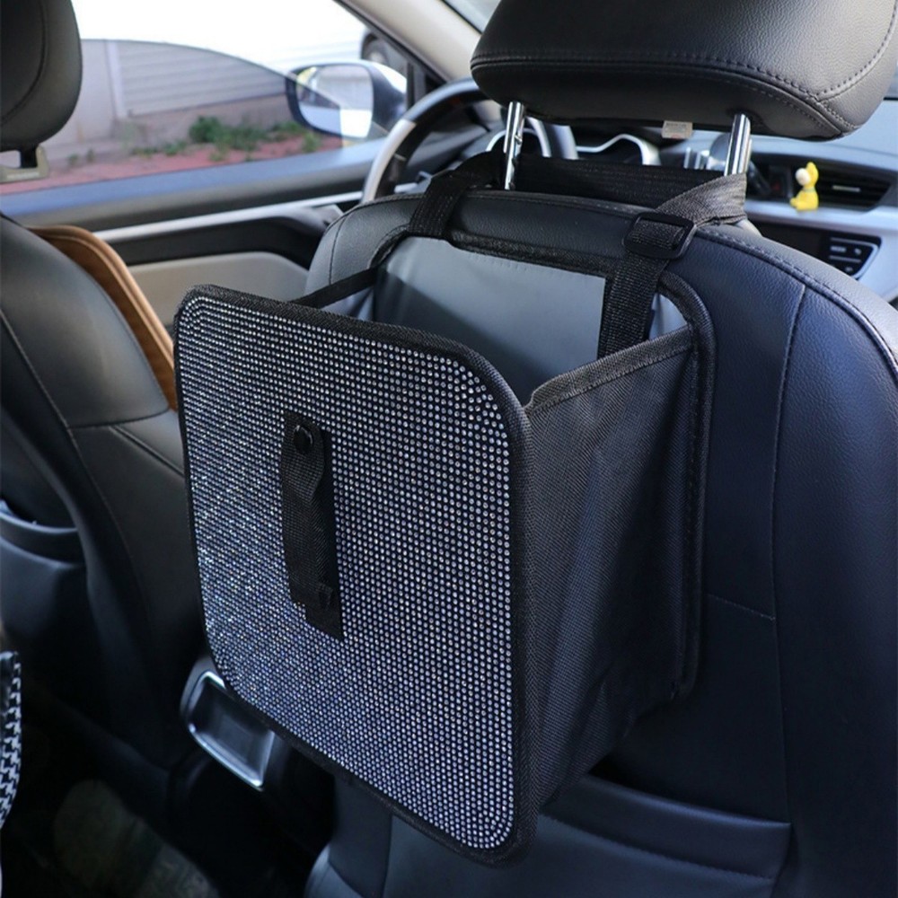 Bling Car Trash Can with Rhinestones, Foldable Hanging Bin & Multi-Functional