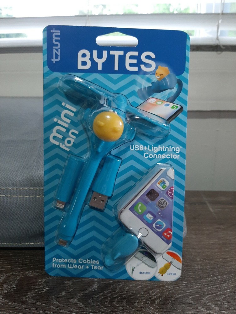 (1) Tzumi Bytes Mini Fan & USB and Lightning Connector. NEW Blue