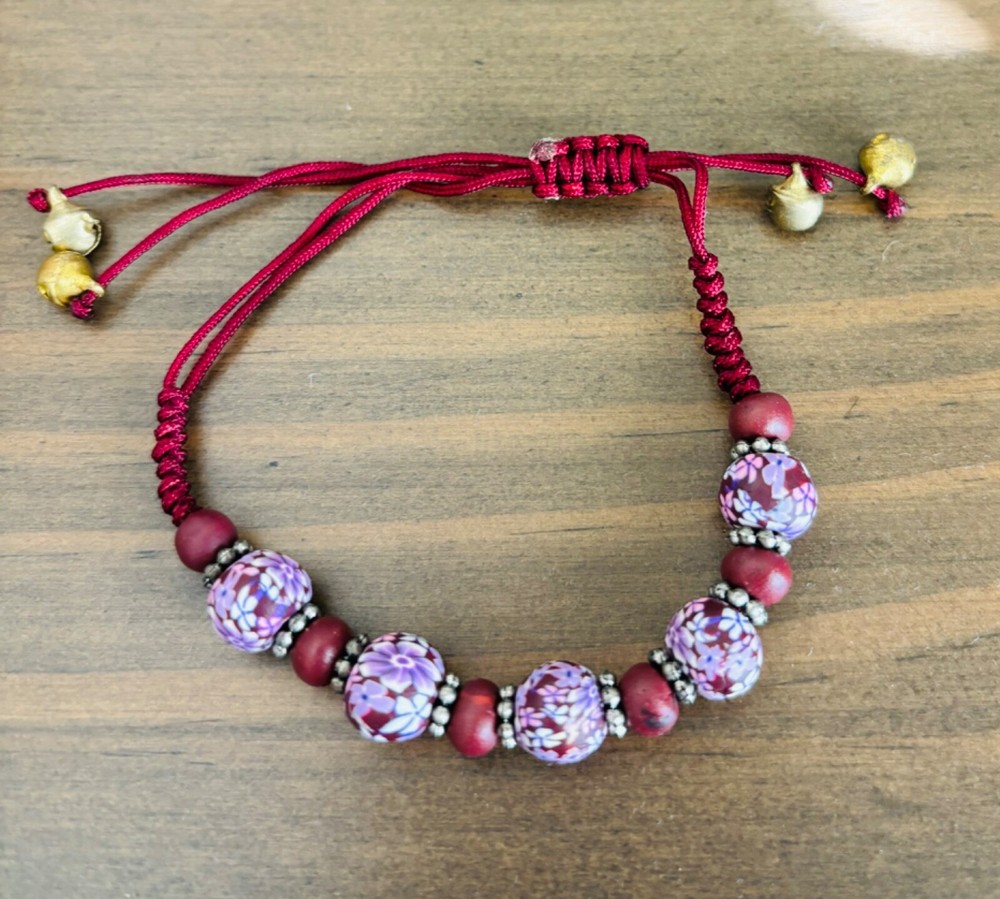 Beaded Ajustable Bracelet with bells, Purple