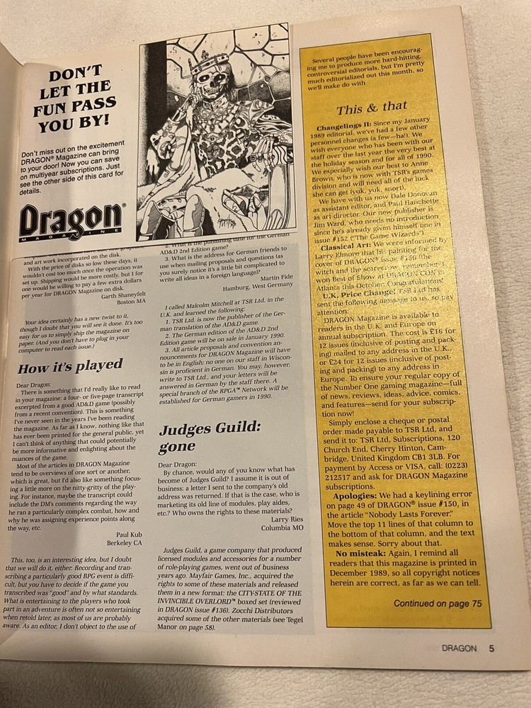 TSR Dragon Magazine #153 Excellent Condition
