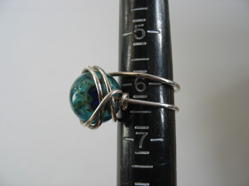 Handmade Silver wire wrap ring Green blue aqua round bead 6 1/2