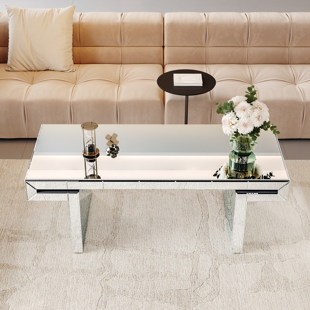 47 Inches Luxury Rectangular Mirror Coffee Table with Fluted Tempered Glass, Mo