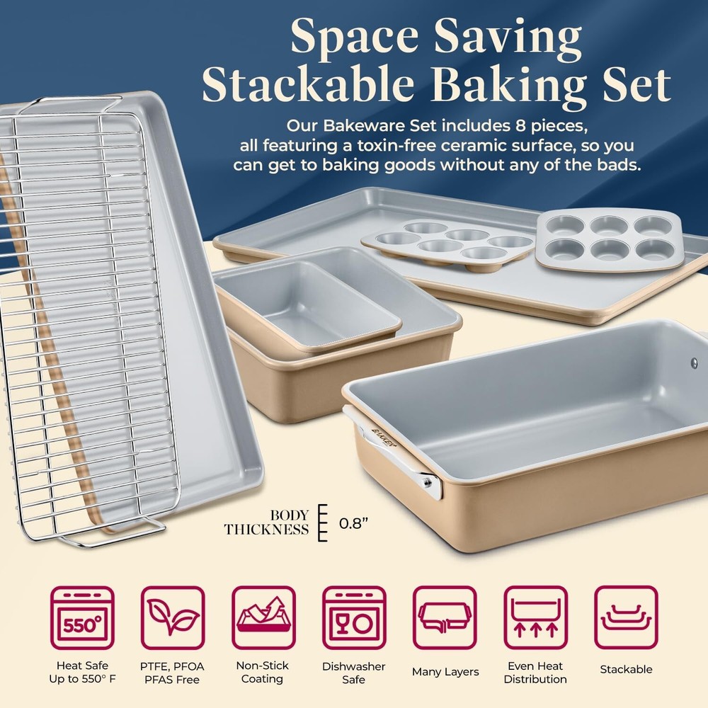 Bakken 8-Piece Stackable Bakeware Set - Ceramic Non-Stick Coating, Baking She...