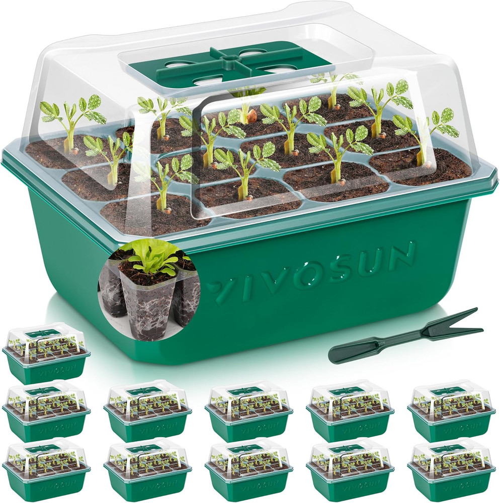 12-Pack Seed Starter Trays, 144-Cell Seed Starter Kit with Humidity Dome, Flat R