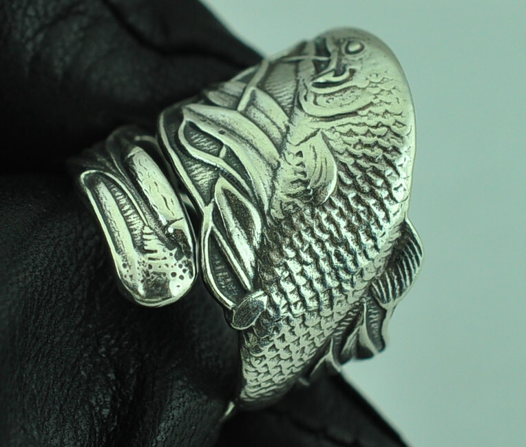 Solid 925 Sterling Silver Large Fish Adjustable Spoon Ring