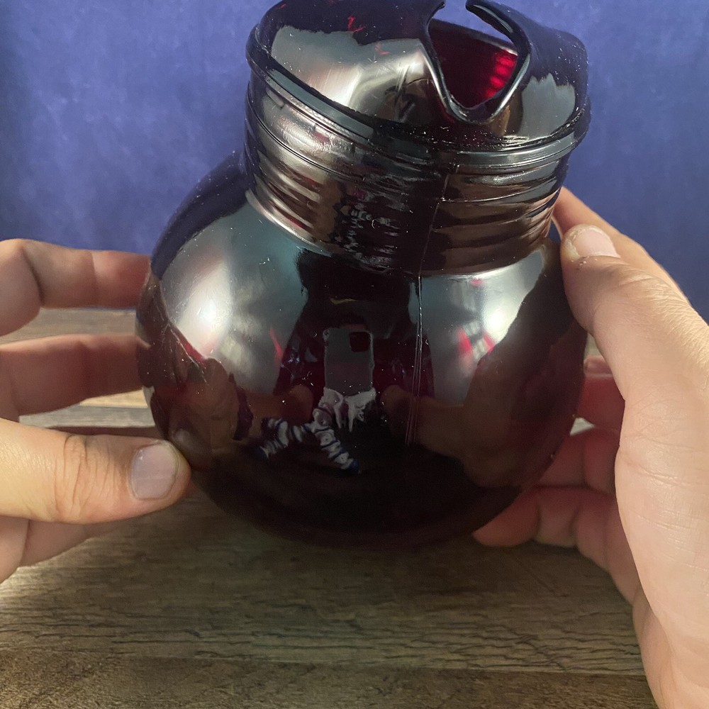 Ruby Red Glass Ball Pitcher 7”L x 5”W x 6”H