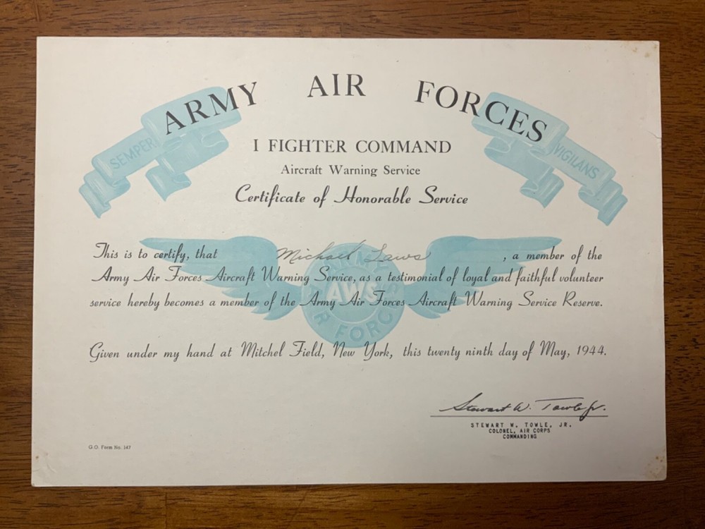 WWII AAF I Fighter Command Aircraft Warning Service Certificates Signed Generals