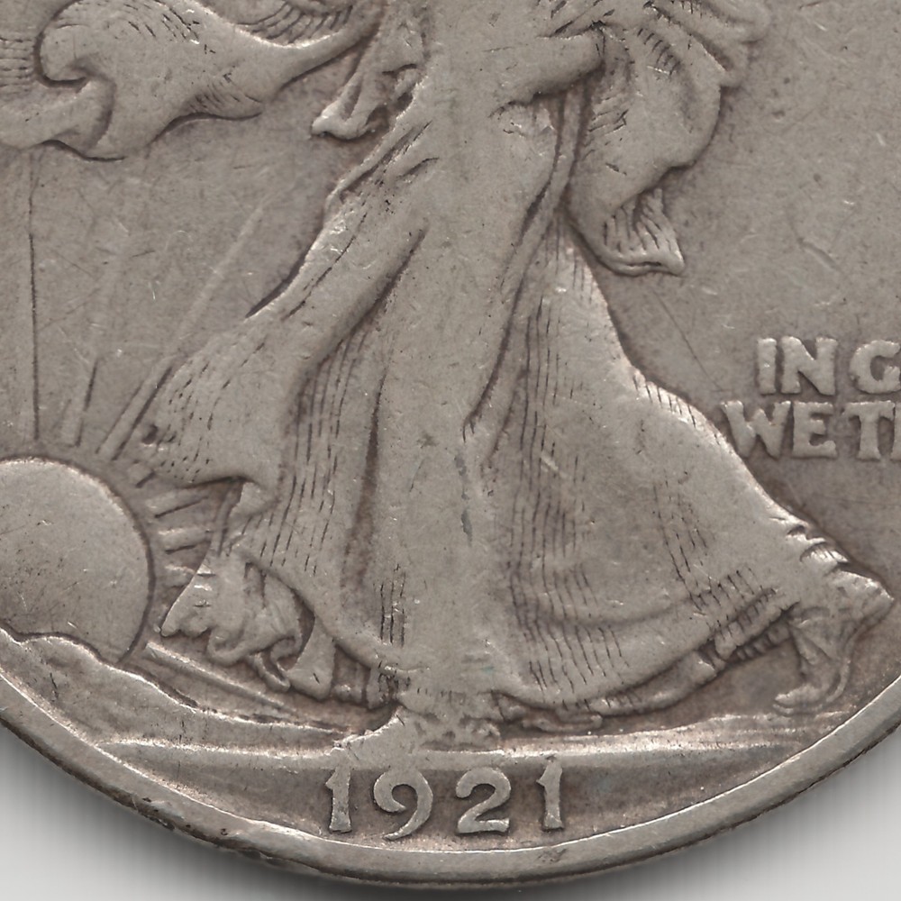 1921 S Walking Liberty Half Dollar, VF, scratched