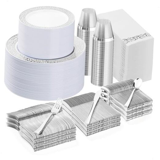 700PCS Plastic Dinnerware Set for 100 Guests, Disposable 100 Guests Set Silver