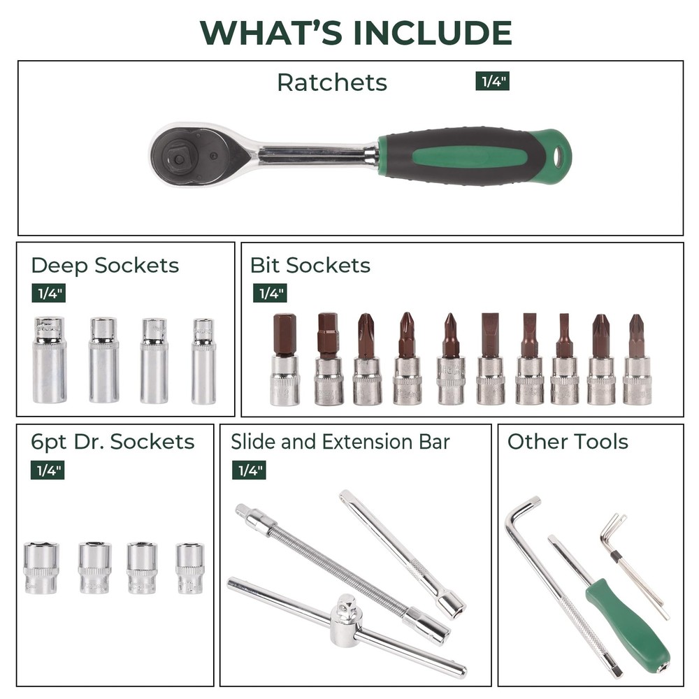 54pcs 1/4" Socket Drive Tool Set Metric Drive Socket Set with Plastic Toolbox