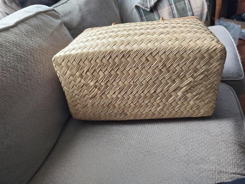18" x 9" x 11" rectangular wicker basket w/ blue plastic handles