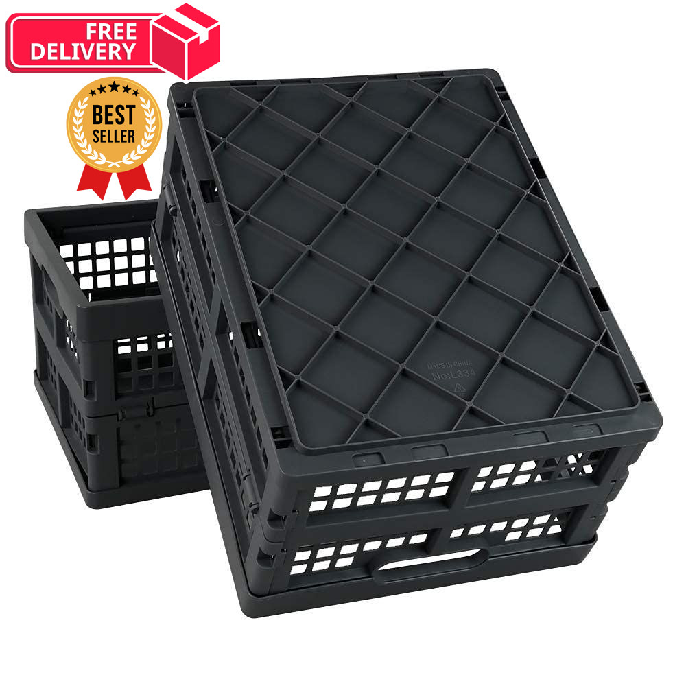 Idotry 3-PACK 15 L Plastic Stacking Folding Storage Crates, 15 L, gray