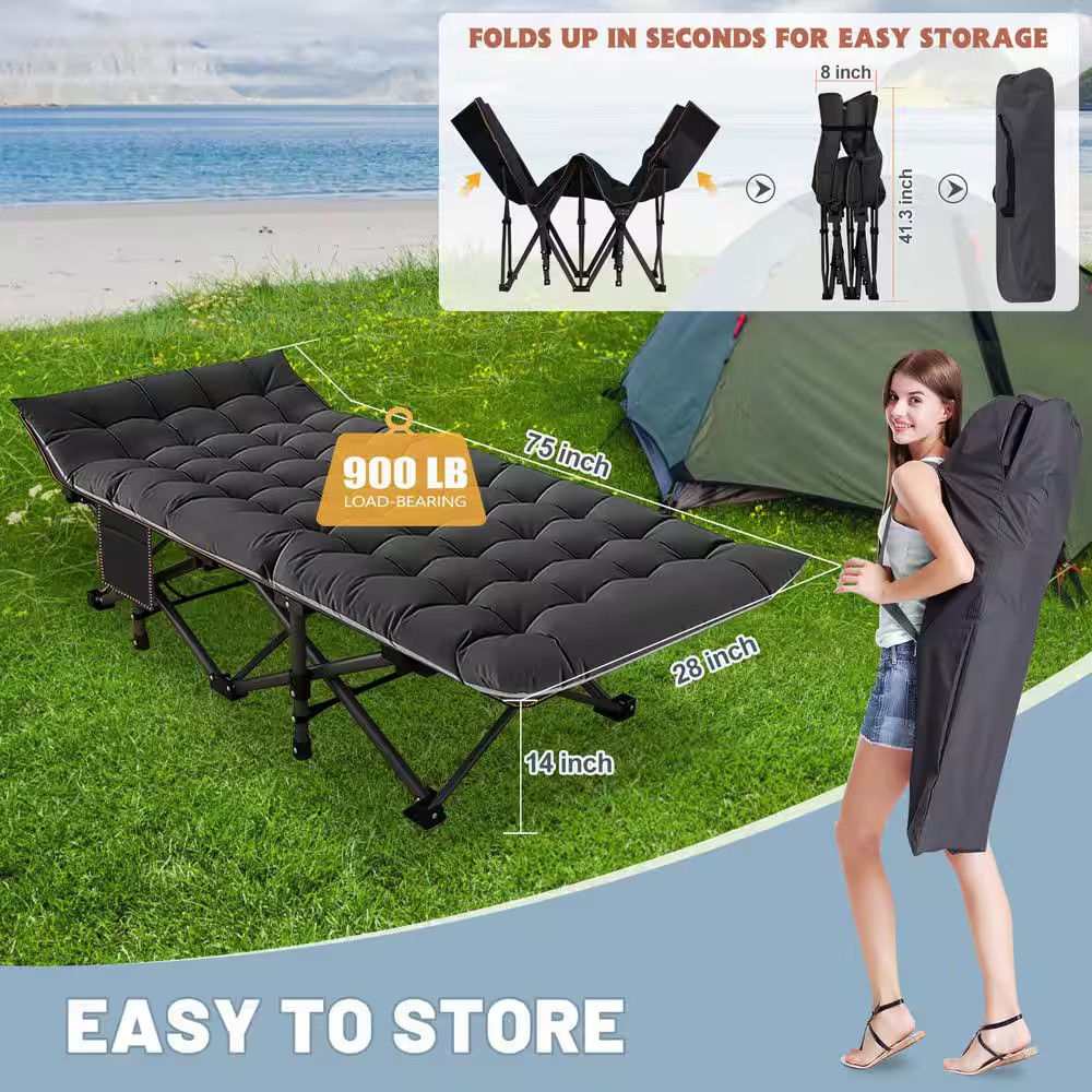 Oversize Folding Camping Cot,Xl Sleeping Cot with Mattress, Carry Bag, Black