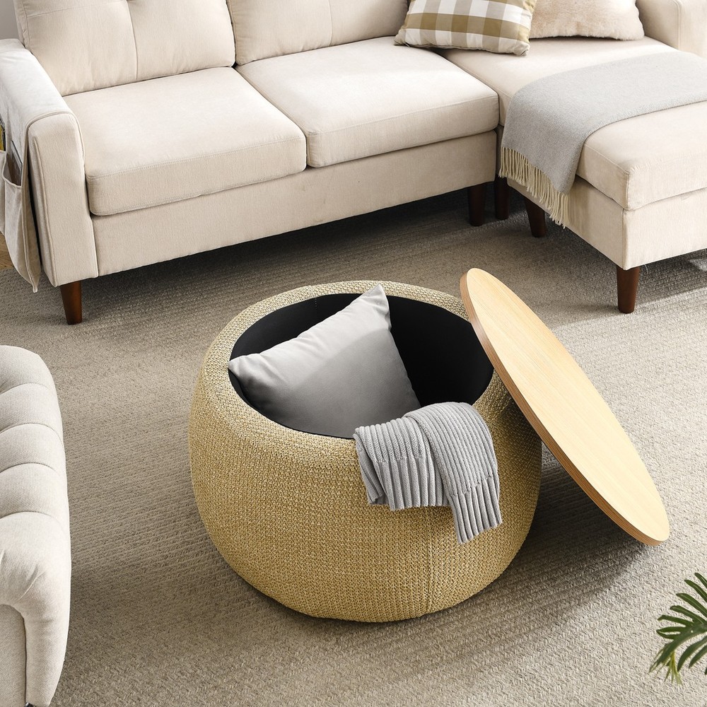 Round Storage Ottoman 2 in 1 Function Work as End Table Natural