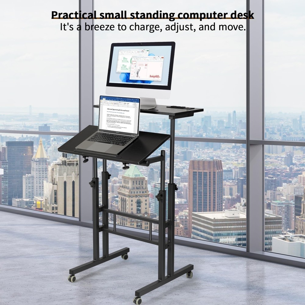Hadulcet Mobile Standing Desk with Charging Station, Adjustable Standing Comp...