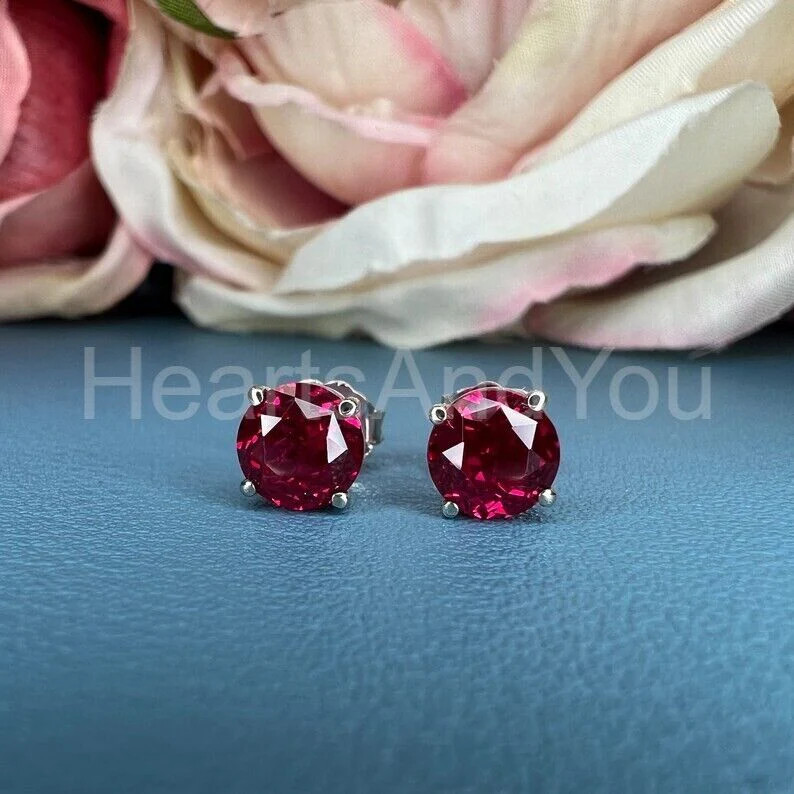 2ct Round Cut Natural Ruby Diamond Solitaire Stud Earrings 14k Solid White Gold