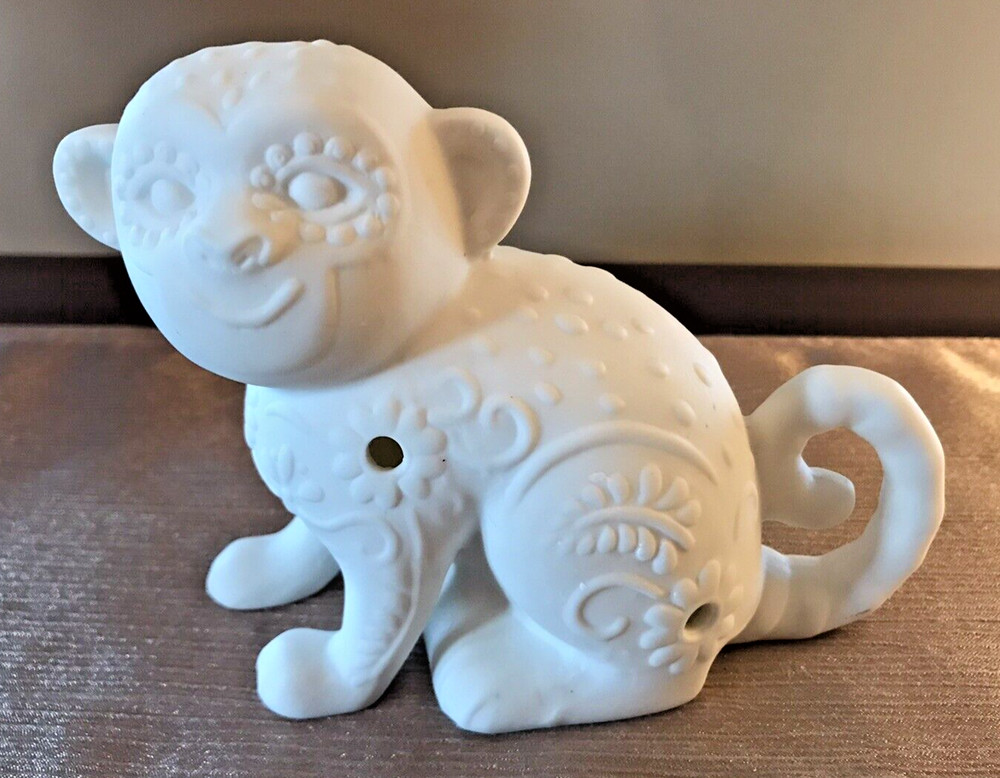 Lighted Monkey Night Light Accent Light White Bisque Battery Operated 4"