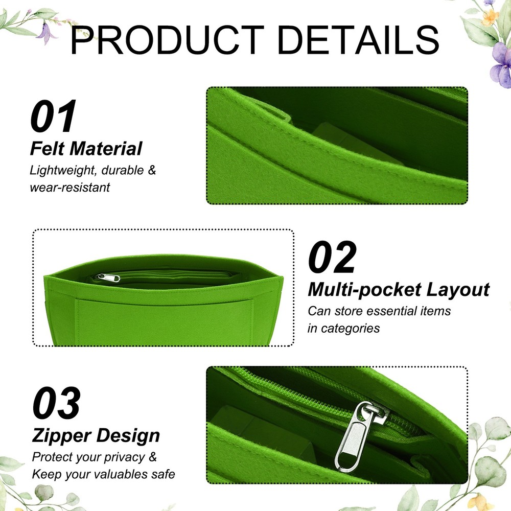 Purse Organizer Insert, Medium Felt Handbag Organizer with Zipper, Grass Green