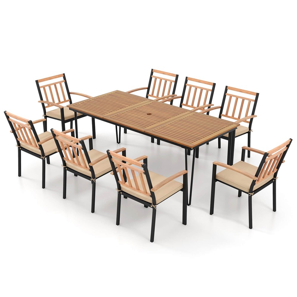 9 PCS Patio Dining Set w/Rectangular Acacia Wood Dining Table 8 Cushioned Chairs