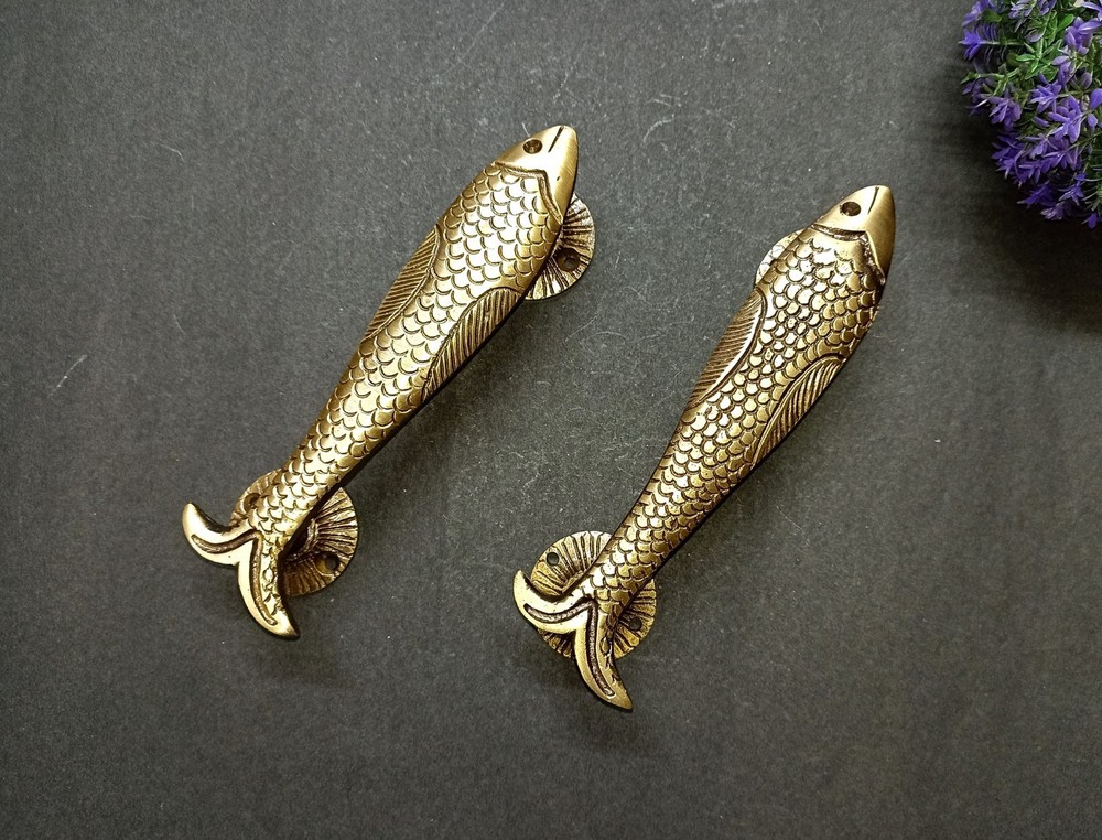 Lacquered Brass Sea Fish Cupboard Pull Office Interior Door Handle Pair AJ456