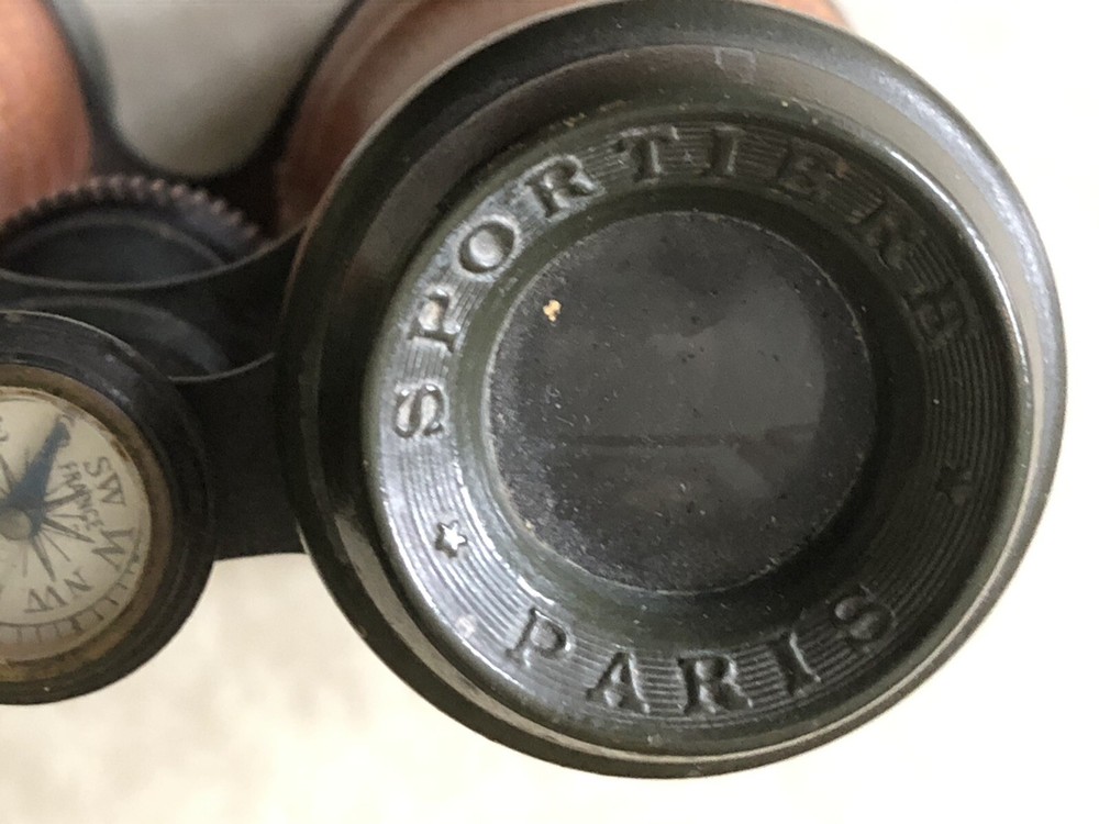 ANTIQUE SPORTIERE PARIS BINOCULARS ARMY MODEL LONG RANGE BUILTIN COMPASS LEATHER