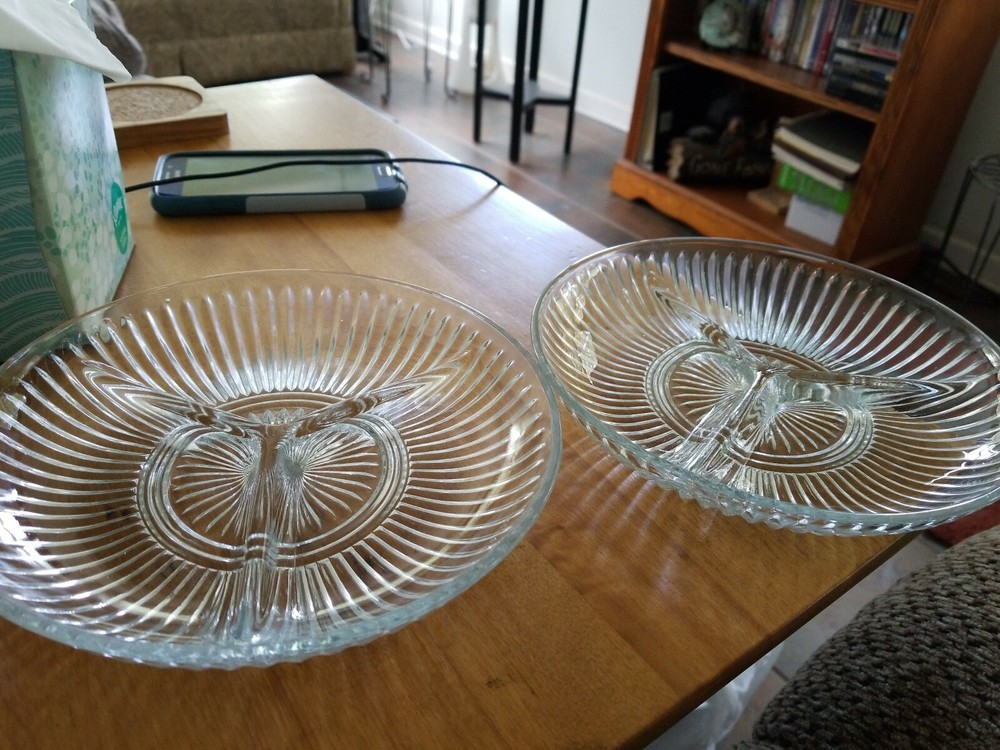 TWO KIG Indonesia Clear Glass Three Compartment Ribbed Nut Candy Dish