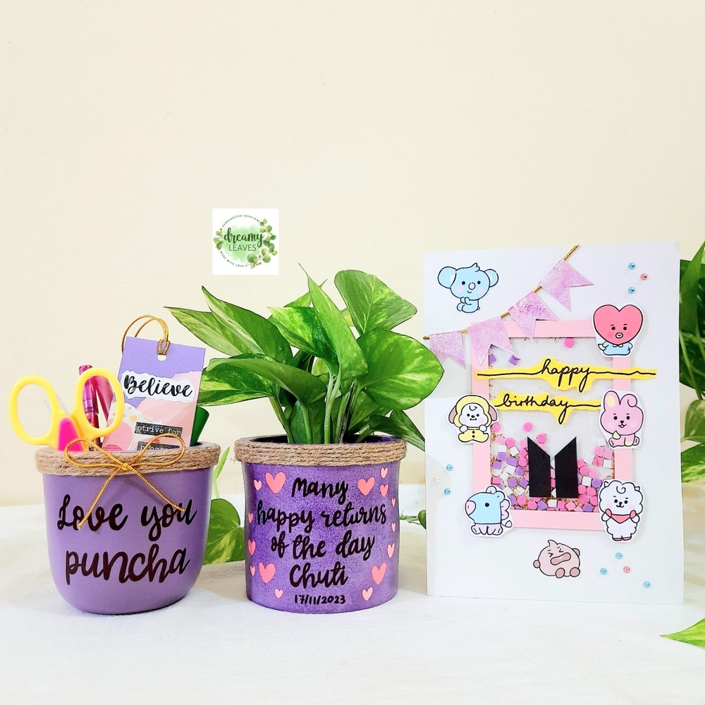 Customizable Gift Pack – Hand-Painted Pot, Pen Holder & Matching Handmade Card
