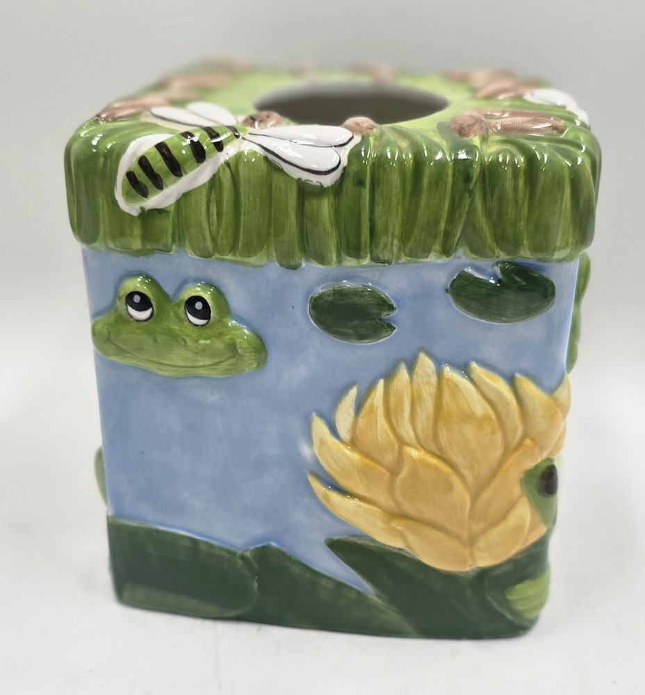Ceramic Frog Tissue Box Holder Handpainted