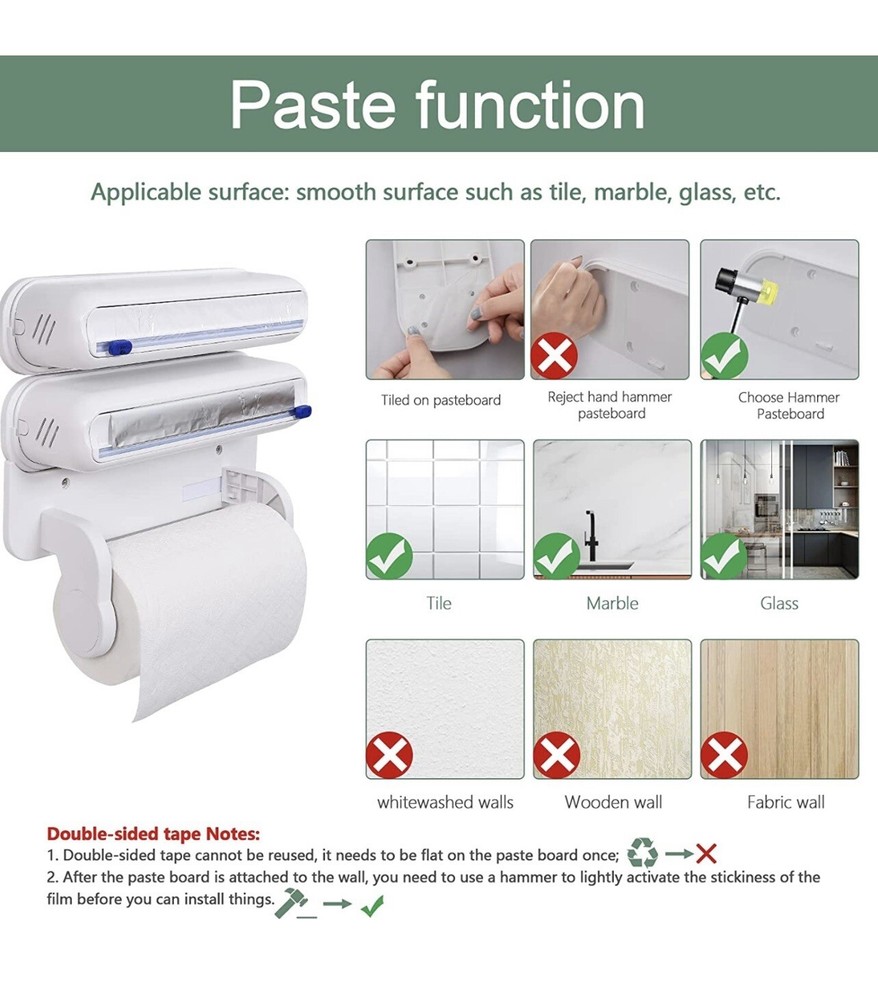 Liotww Pack of 2 Plastic Wrap Dispenser with Slide Cutter,Pasteable