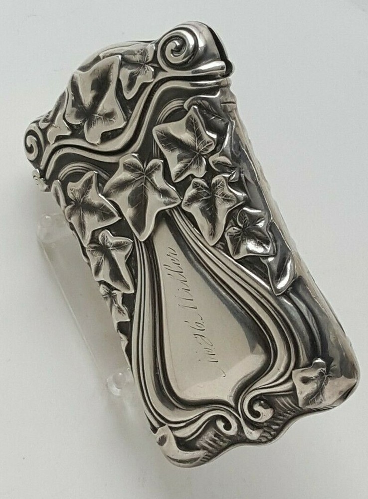 Repousse Sterling Silver WHITING match safe IVY leaf Vesta Box "Miller"